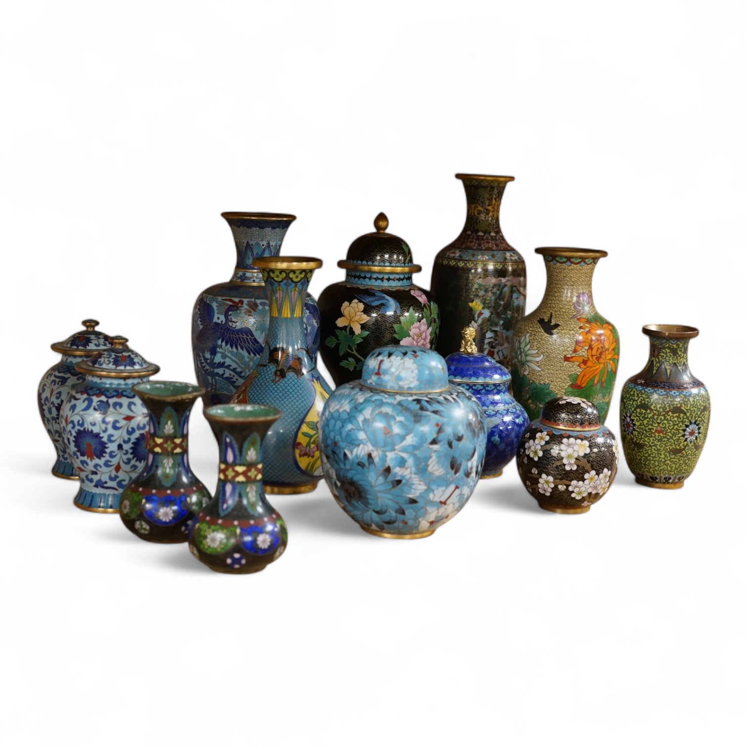 Thirteen various sized Chinese cloisonné enamel jars with covers and similar vases, tallest vase 31cm high.